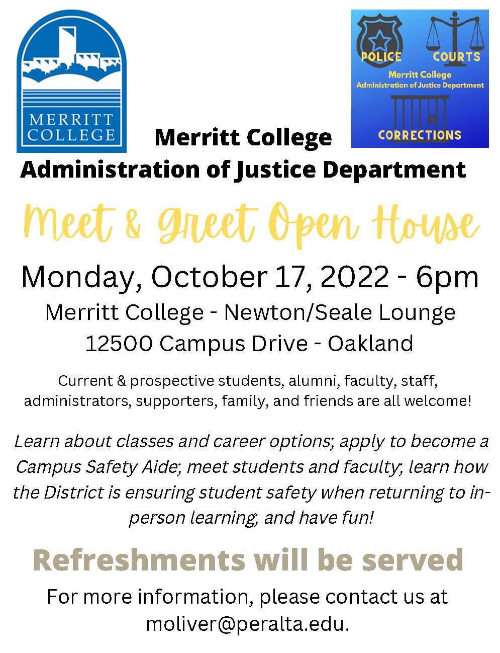 Merritt College Administration of Justice Open House, Oct 17 @ 6pm