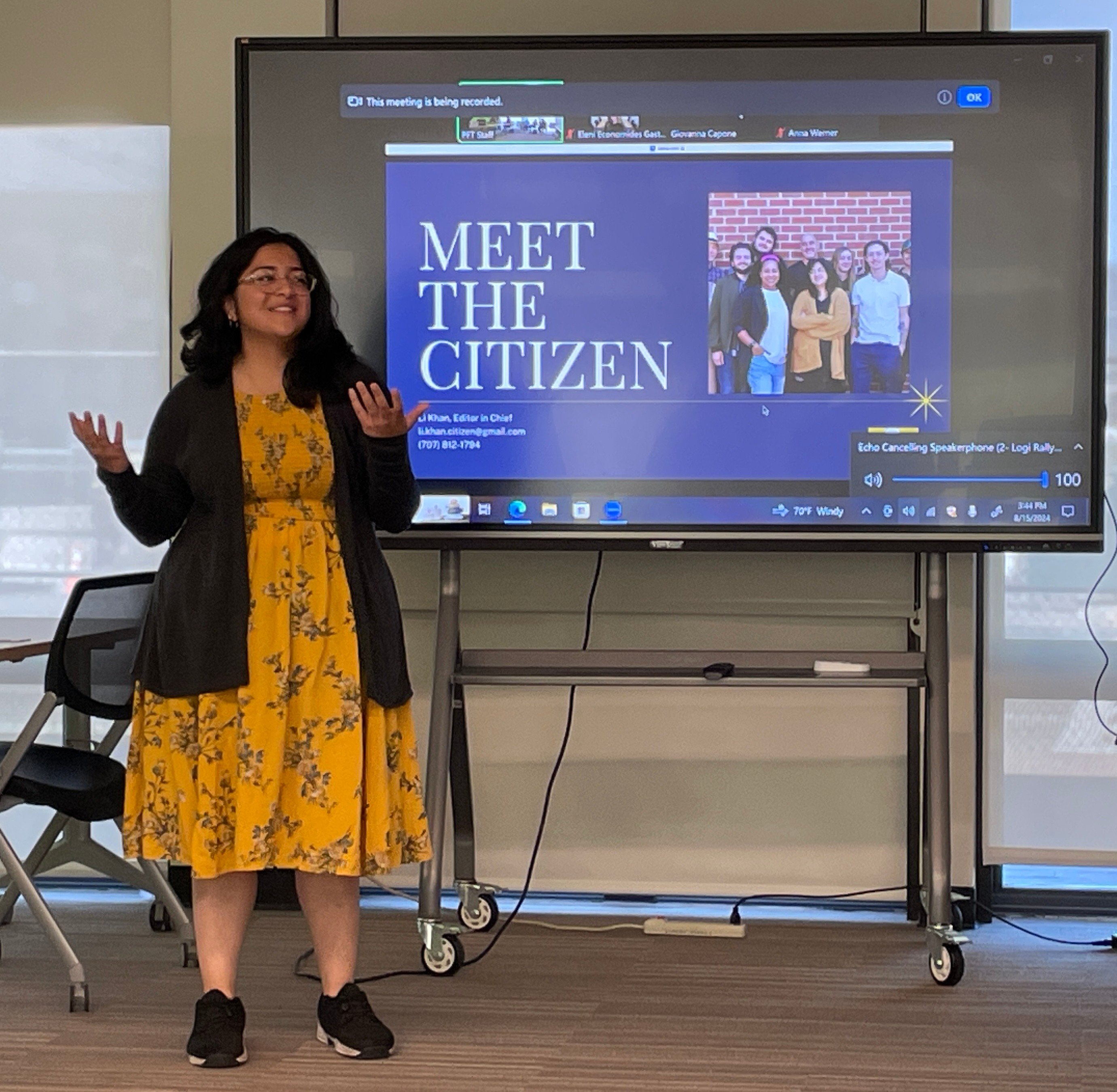 Laney College student journalist Li Khan leads a conversation about The Peralta Citizen during Flex Day Fall 2024