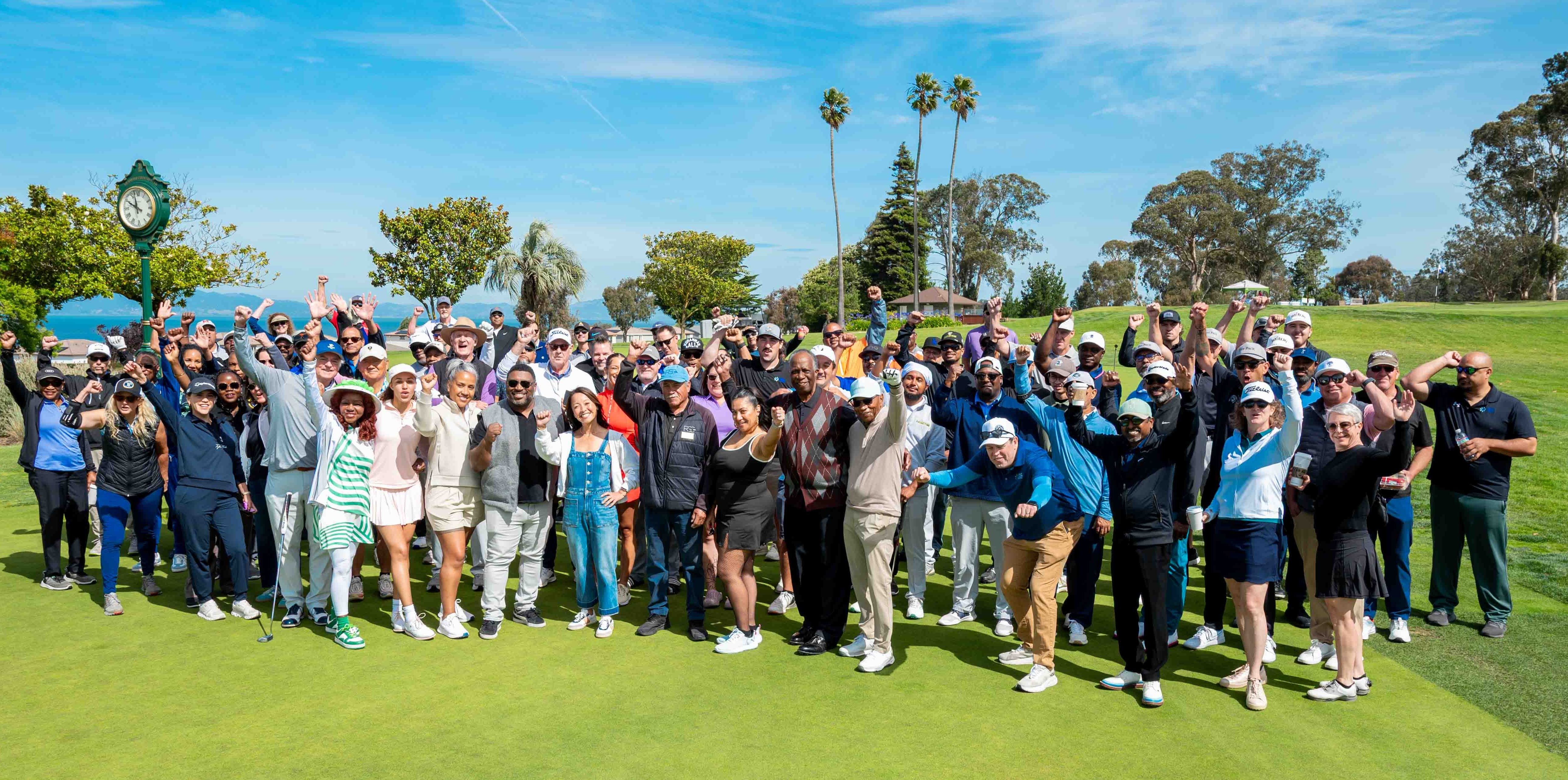 More than 80 golfers smile and pose on the Richmond Golf Course for the Peralta Colleges Foundation 2026 Dr. Bill Riley Swing for Student Success Golf Tournament