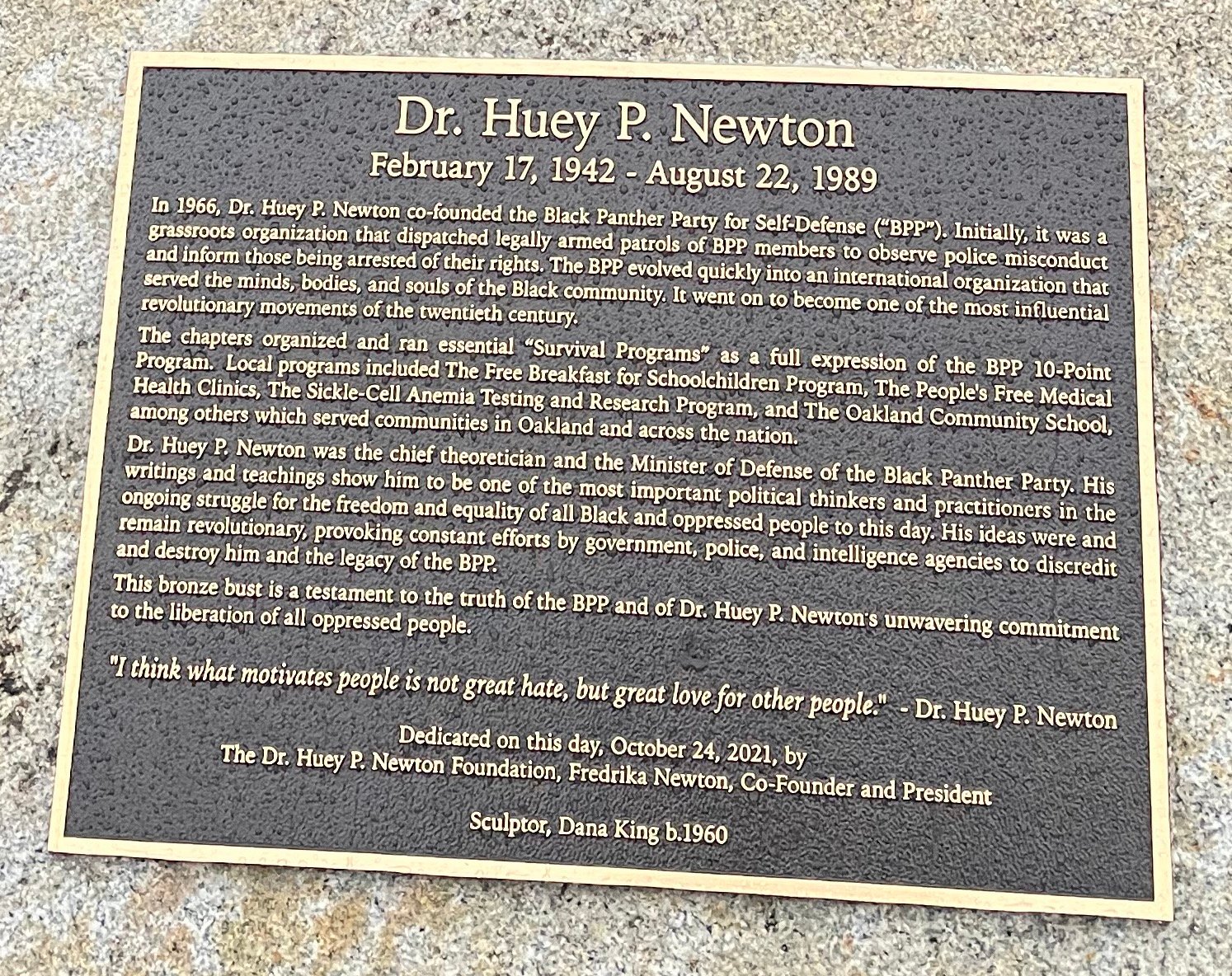 Huey Newton statue plaque