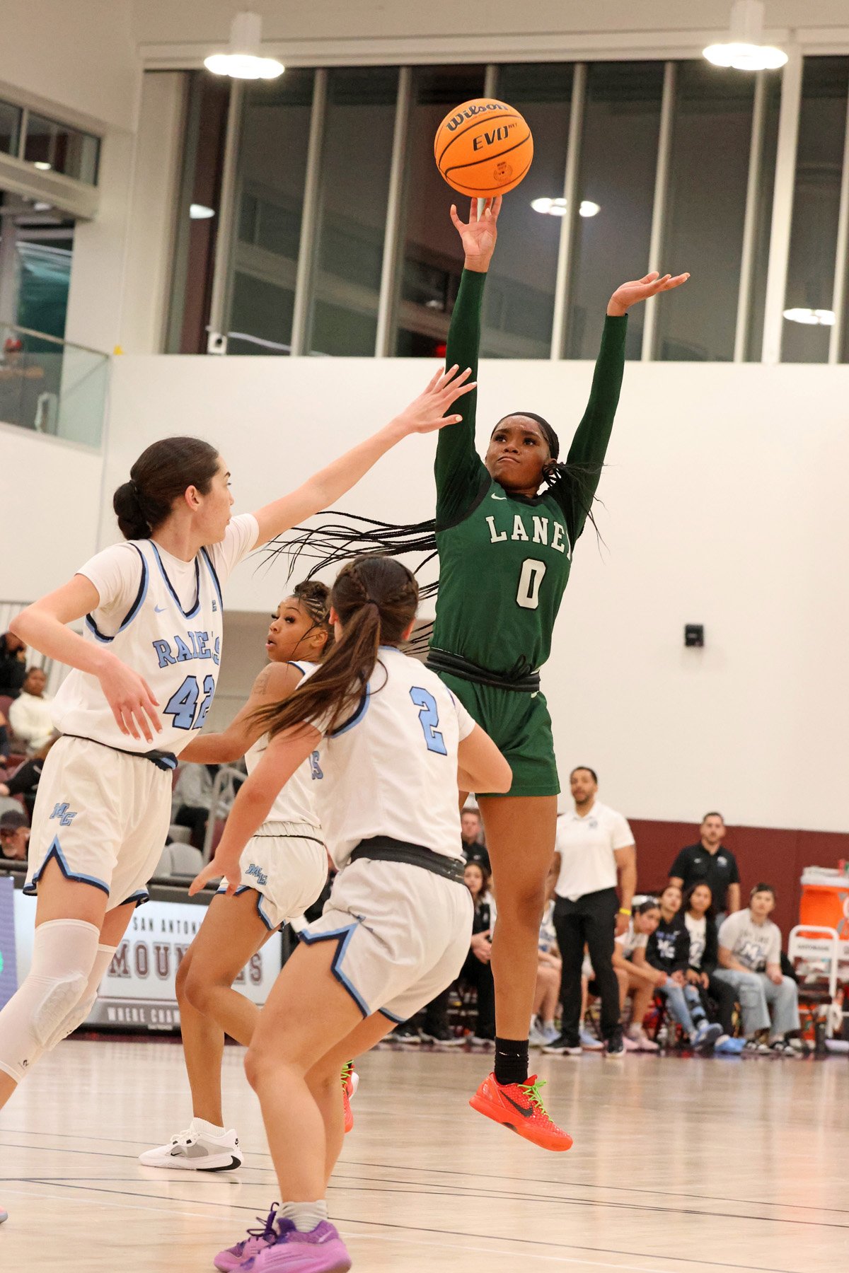 Laney College freshman guard Jada Hunter takes a shot during the state quarterfinals on March 14, 2024. 