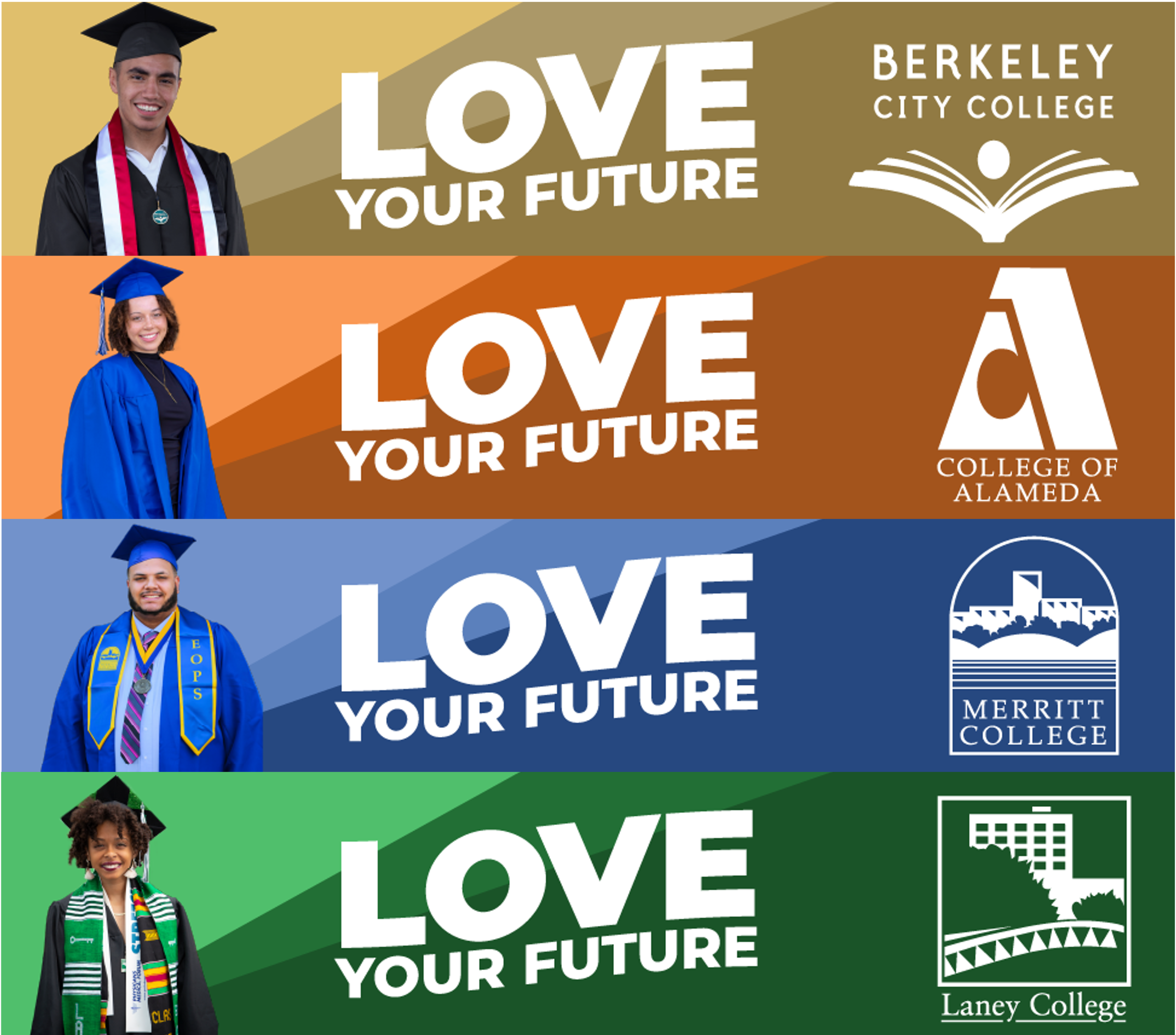 Love Your Future banner ads for BCC, COA, Merritt, and Laney