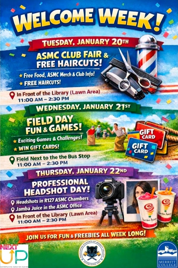 Merritt Welcome Week Spring 2026 Flyer