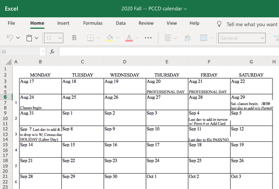 Fall 2020 PCCD calendar spreadsheet