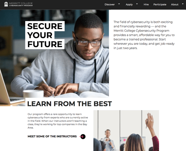 Merritt College Cybersecurity website screen shot