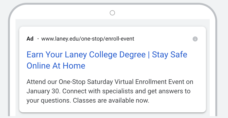 Google Search Ad for Laney Event