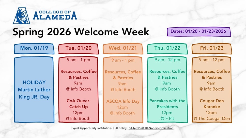 CoA Spring 2026 Welcome Week Events Flyer