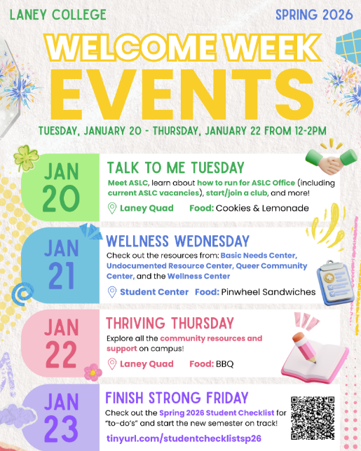 Laney College 2026 Welcome Week Events Flyer