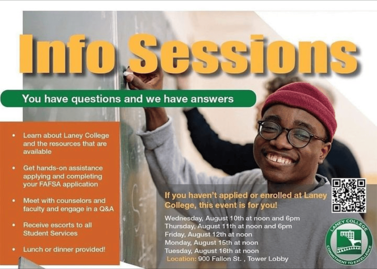Laney College "Fall is Free" - Info Sessions: Aug.10, 11, 12, 15, 16