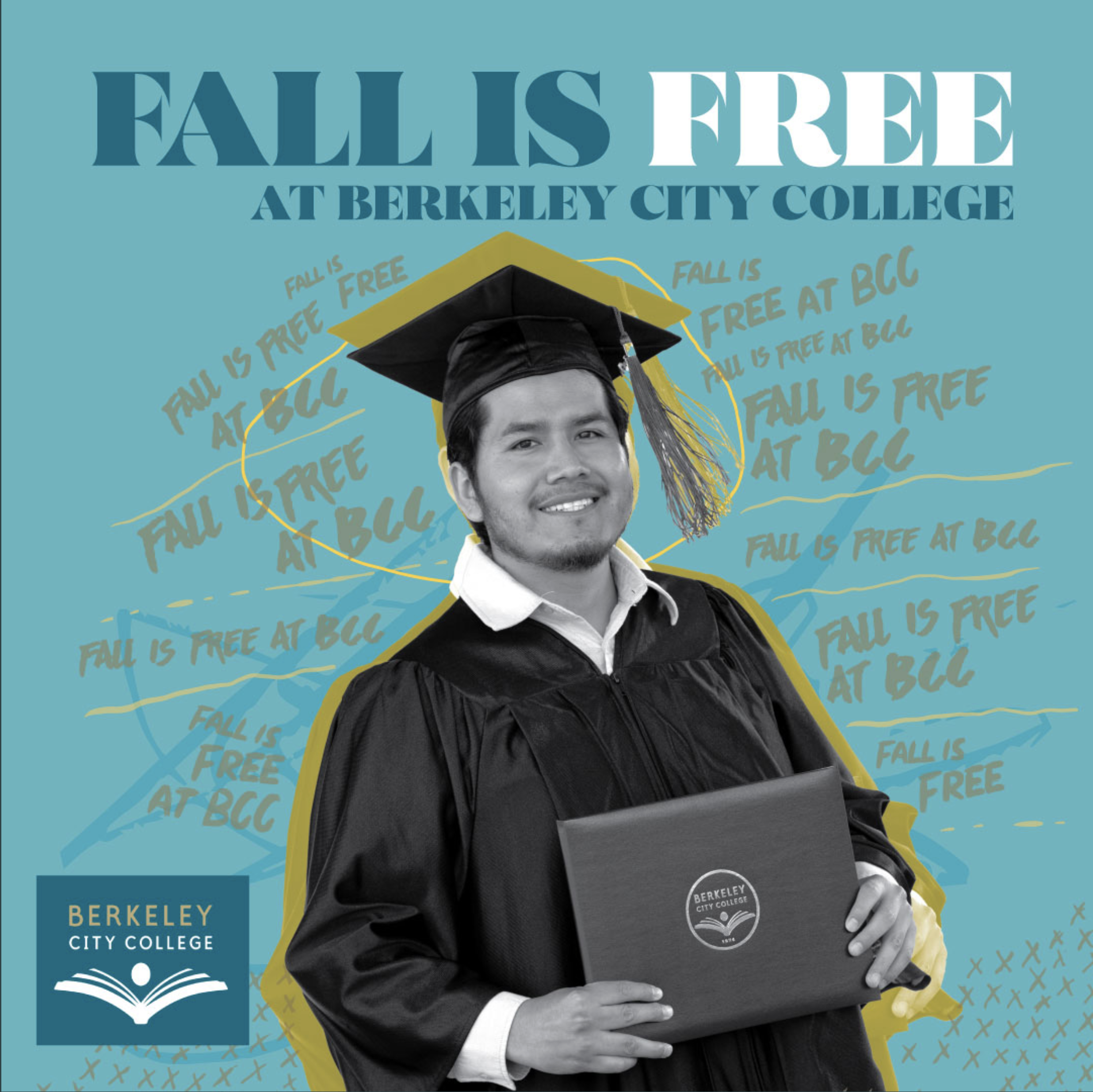 Fall is Free at BCC with student in graduation cap and gown